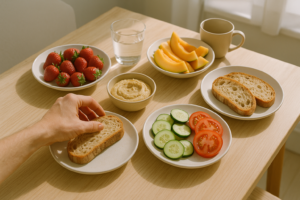 Gezellige lichte brunchtabel met brood, fruit en groente zonder zichtbare zuivelproducten