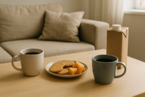 Koffiemoment met plantaardige drank, koekjes en fruit op een salontafel tijdens een rustig bezoek