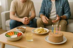 Informele verjaardag met eenvoudige koemelkvrije hapjes op een lichte salontafel