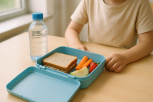 Koemelkvrije schoollunch in een broodtrommel op tafel met kind dat ernaar grijpt