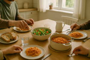 Gezellige familietafel met eenvoudige gerechten en zowel koemelkvrije als gewone opties in een lichte eetkamer