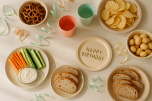 Verjaardagstafel met eenvoudige koemelkvrije hapjes en gewone snacks naast elkaar in een lichte huiskamer