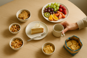 Eenvoudige verjaardagstafel met koemelkvrije snacks en cake in daglicht