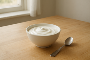 Kom met eenvoudige naturel yoghurt op een lichte keukentafel in daglicht