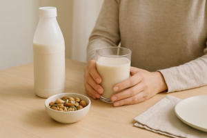 Handen die een glas plantaardige drank vasthouden naast een schaaltje noten op een lichte keukentafel