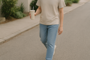 Persoon die rustig wandelt na de maaltijd met een beker drank in de hand