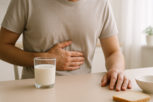Persoon met lichte buikklachten zit aan een keukentafel naast een glas melk