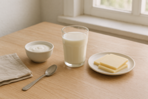 Eenvoudige flatlay met glas melk, schaaltje yoghurt en plakjes kaas op een lichte keukentafel