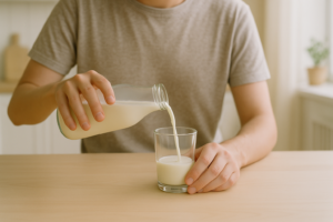 Persoon die in een lichte keuken een glas melk inschenkt vanaf een neutrale fles op een tafel