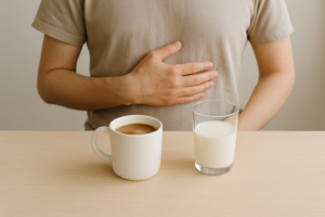Koffie met melk en een glas melk op tafel, met een persoon die rustig een hand op de buik legt