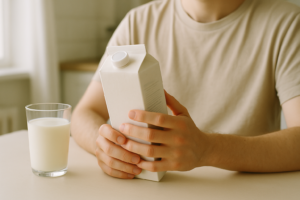 Persoon aan een lichte keukentafel die rustig de achterkant van een zuivelverpakking bekijkt naast een glas melk