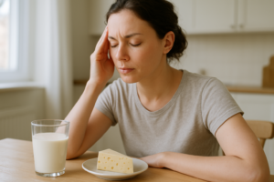Volwassene aan keukentafel met glas melk en lichte hoofdpijn na de maaltijd