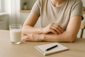 Persoon die rustig de huid van de onderarm bekijkt naast een glas melk op tafel