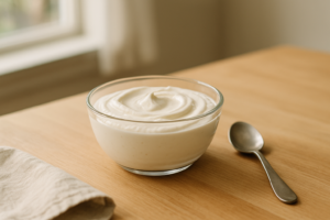 Kom met dikke IJslandse yoghurt op een lichte keukentafel