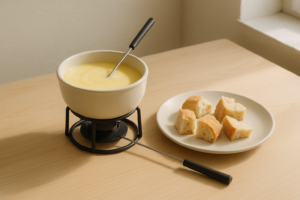 Eenvoudige kaasfondue op een lichte tafel met brood om te dippen