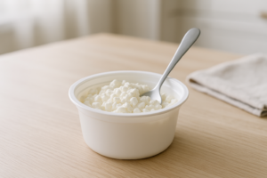 Bakje cottage cheese op een lichte keukentafel met lepel in beeld