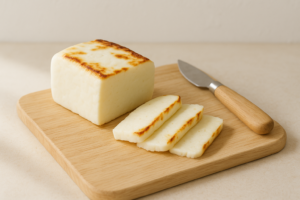 Close-up van in plakken gesneden halloumi op een houten plank in een lichte keuken