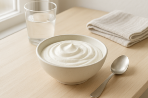 Kom met dikke IJslandse yoghurt op een lichte keukentafel in daglicht