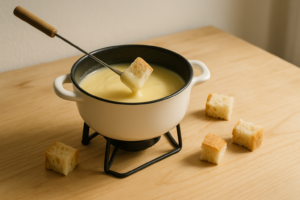 Eenvoudige kaasfondue op tafel met broodblokjes om te dippen