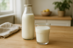 Glas en fles met kefir op een lichte keukentafel in daglicht