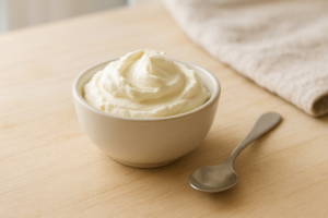 Kommetje romige mascarpone op een lichte keukentafel in daglicht
