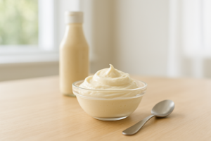 Kommetje mayonaise op een lichte keukentafel met lepel ernaast