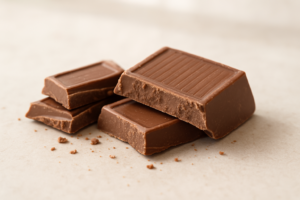 Close-up van stukjes melkchocolade op een lichte keukentafel