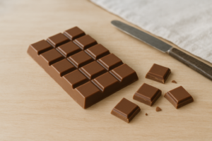Melkchocoladereep met enkele afgebroken blokjes op een lichte keukentafel