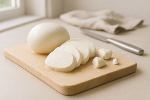 Close-up van verse mozzarella op een houten plank op een lichte keukentafel