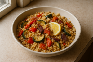 Vegetarische couscous met geroosterde groente in een schaal