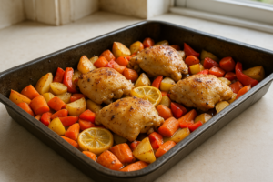 Kip citroen-knoflook traybake met aardappelen en groente op bakplaat