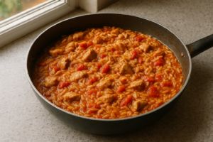 Kip orzo eenpansgerecht met tomaat in een pan op tafel