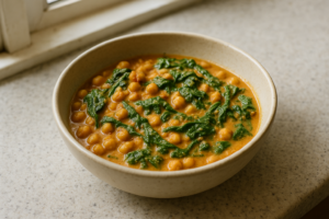 Kom met vegetarische coconut curry met kikkererwten en spinazie