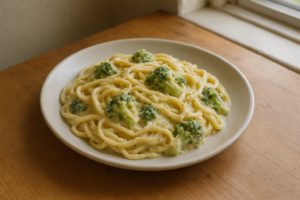 Romige pasta met broccoli en edelgist in een kom op tafel