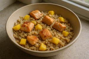 Zalm bowl met mango en rijst in een kom met mango en zalmstukjes