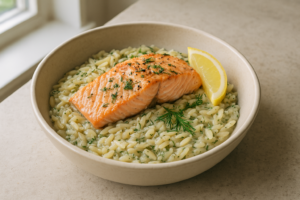 Bord met zalm en orzo met citroen en dille