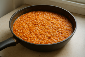 Vegetarische orzo met tomaat en witte bonen in een pan, romig en vers geserveerd