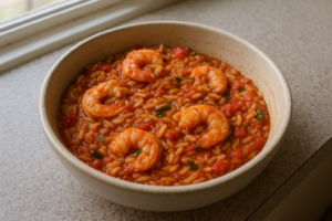 Orzo met tomaat en knoflookgarnalen in een kom met basilicum