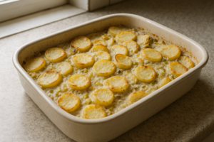 Vegetarische ovenschotel met aardappel en prei in een ovenschaal