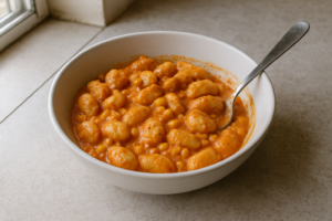 Gnocchi met romige paprikasaus en maïs in een kom