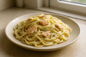 Bord met zalm en citroen-dillepasta in romige saus