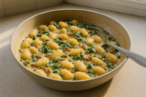 Gnocchi met romige spinazie en zongedroogde tomaat in een koekenpan