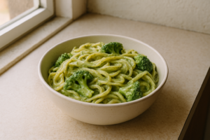 Kom romige pasta met broccoli en pesto