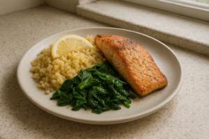 Bord met zalm, citroenquinoa en geslonken spinazie in een lichte setting