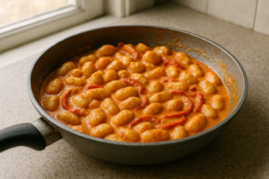 Gnocchi met romige paprika saus in een pan met zachte rode saus