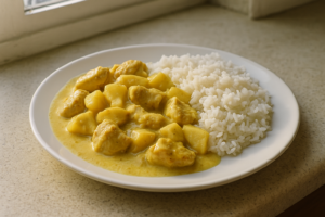 Bord kip kerrie met rijst en appel in romige saus