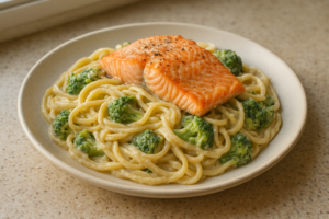 Bord met zalm, citroenpasta en broccoli in romige saus