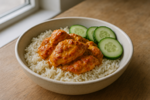 Kip tandoori bowl met rijst en komkommer in een kom met kokos-tandoorisaus