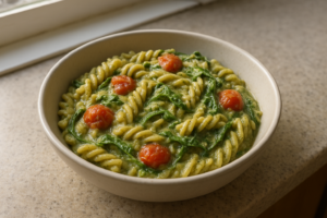 Romige pasta pesto met cherry tomaatjes in een kom met rucola