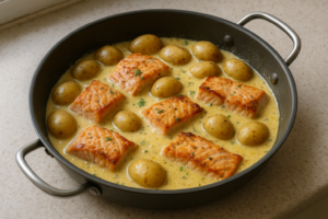 Zalm in citroen-knoflooksaus met krieltjes in een romige saus